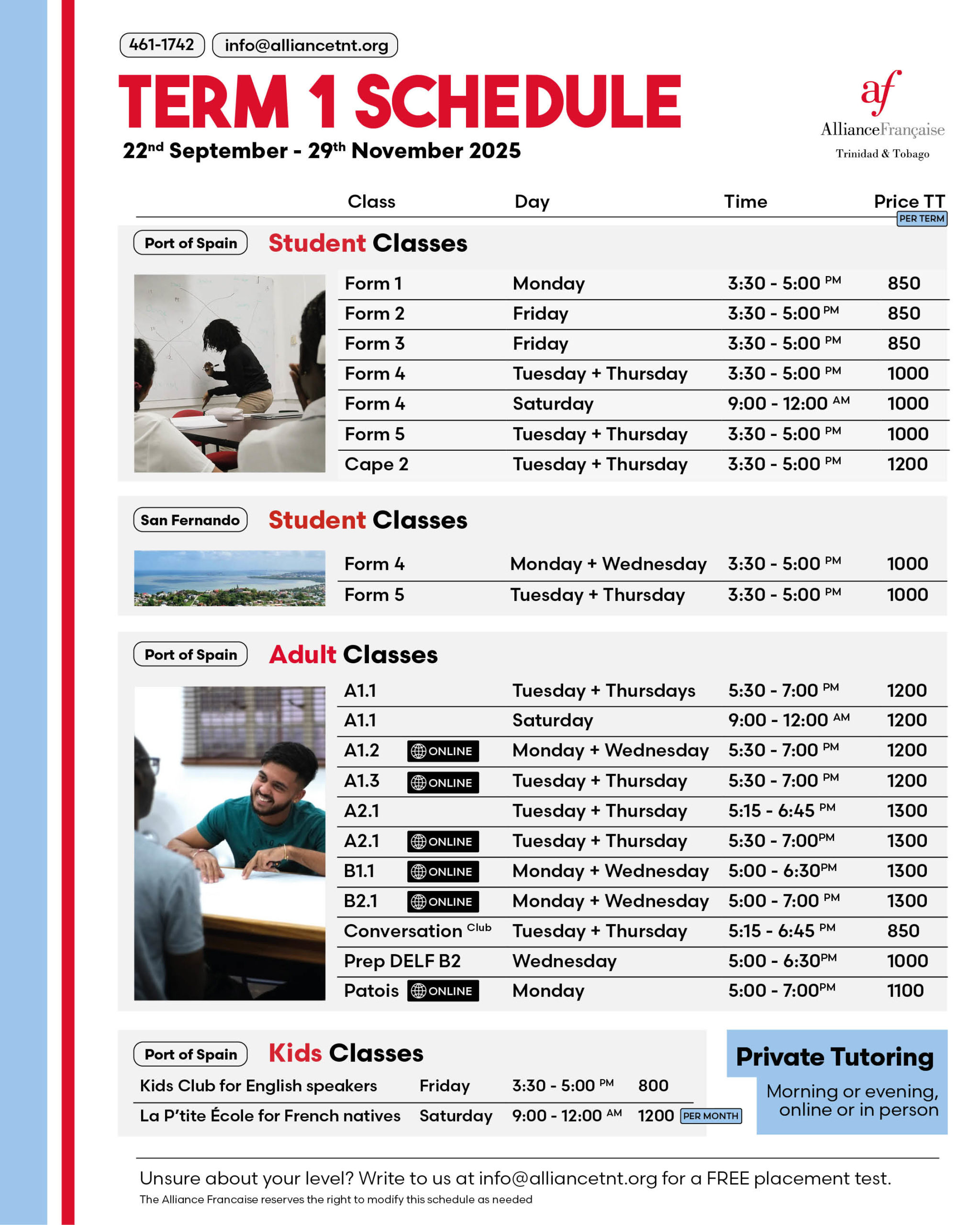 schedule t1 french classes alliance francaise trinidad and tobago